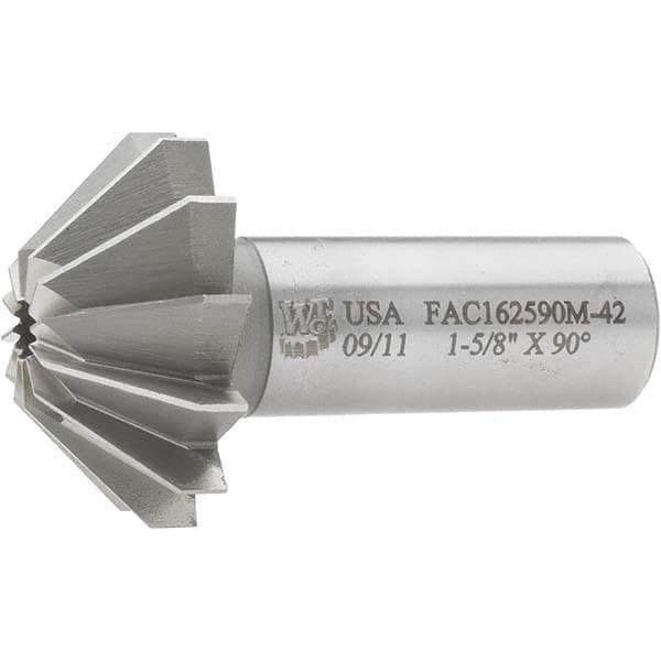 Made in USA - 1-5/8" Large x 5/8" Small Diam, 11/16" Width of Cut, 90° Included Angle, 12 Teeth, Cobalt Face Angle Cutter - 3/4" Shank Diam, 2-11/16" Overall Length, Weldon Flat - Exact Industrial Supply