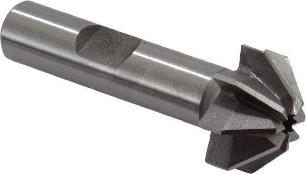 Made in USA - 3/4" Large x 5/16" Small Diam, 3/8" Width of Cut, 90° Included Angle, 8 Teeth, High Speed Steel Face Angle Cutter - 3/8" Shank Diam, 1-15/16" Overall Length, Weldon Flat - Exact Industrial Supply
