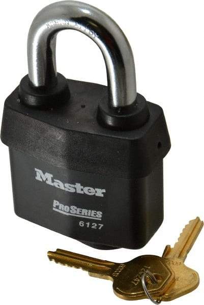 Master Lock - 1-3/8" Shackle Clearance, Keyed Different Padlock - 7/8" Shackle Width, 7/16" Shackle Diam, Laminated Steel - Exact Industrial Supply