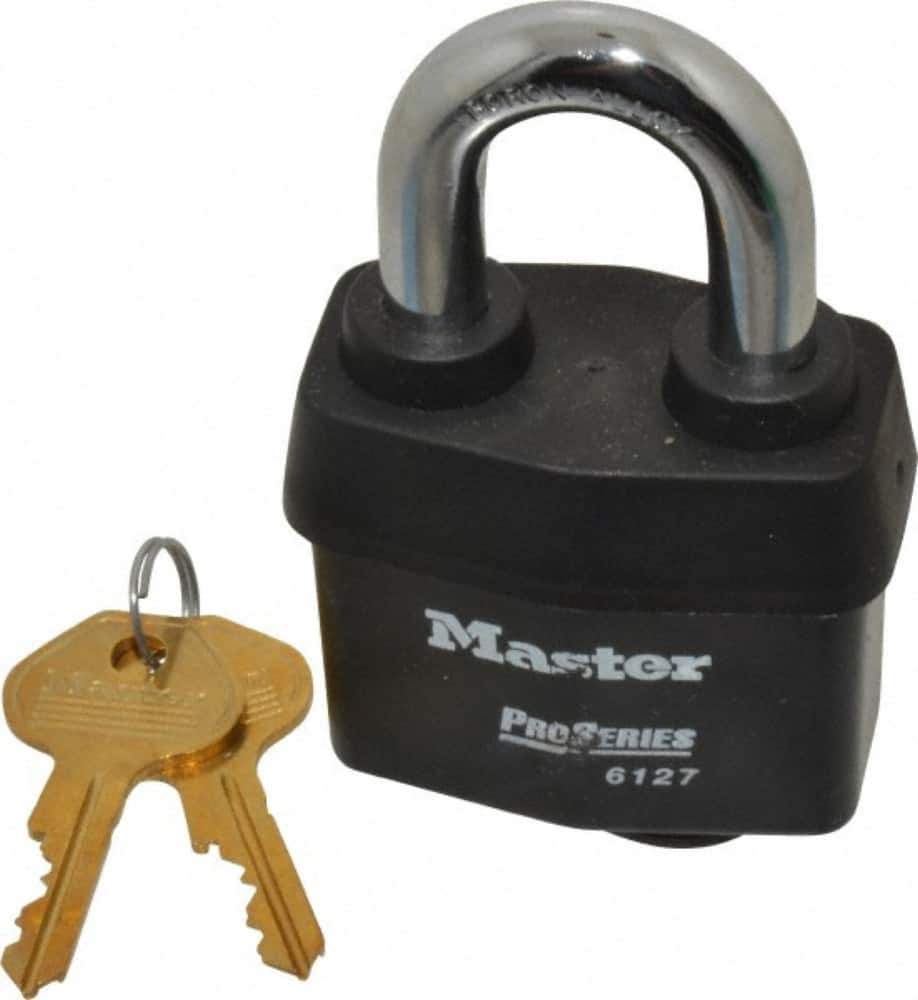 Master Lock - 1-3/8" Shackle Clearance, Keyed Alike Padlock - 7/8" Shackle Width, 7/16" Shackle Diam, Laminated Steel - Exact Industrial Supply