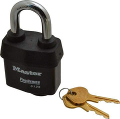 Master Lock - 1-3/8" Shackle Clearance, Keyed Different Padlock - 7/8" Shackle Width, 3/8" Shackle Diam, Laminated Steel - Exact Industrial Supply