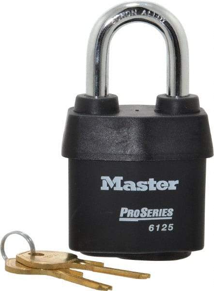 Master Lock - 1-3/8" Shackle Clearance, Keyed Alike Padlock - 7/8" Shackle Width, 3/8" Shackle Diam, Laminated Steel - Exact Industrial Supply