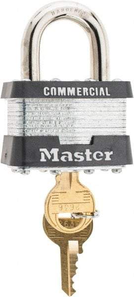 Master Lock - 15/16" Shackle Clearance, Keyed Different Padlock - 5/16" Shackle Width, 5/16" Shackle Diam, Laminated Steel - Exact Industrial Supply