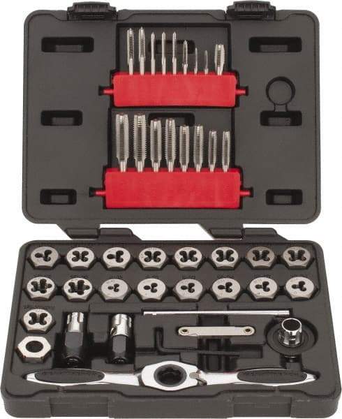 GearWrench - #4-40 to 1/2-20 Tap, #4-40 to 1/2-20 Die, NPT, UNC, UNF, Tap and Die Set - Carbon Steel, Carbon Steel Taps, Plug, Taper Taps, Nonadjustable 1" Hex Size, 40 Piece Set with Plastic Case - Exact Industrial Supply