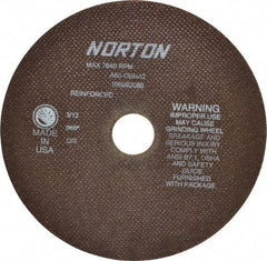 Norton - 8" 60 Grit Aluminum Oxide Cutoff Wheel - 0.06" Thick, 1-1/4" Arbor, 7,640 Max RPM, Use with Stationary Grinders - Exact Industrial Supply