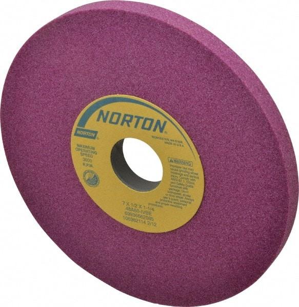 Norton - 7" Diam x 1-1/4" Hole x 1/2" Thick, I Hardness, 60 Grit Surface Grinding Wheel - Aluminum Oxide, Type 1, Medium Grade, 3,600 Max RPM, Vitrified Bond, No Recess - Exact Industrial Supply