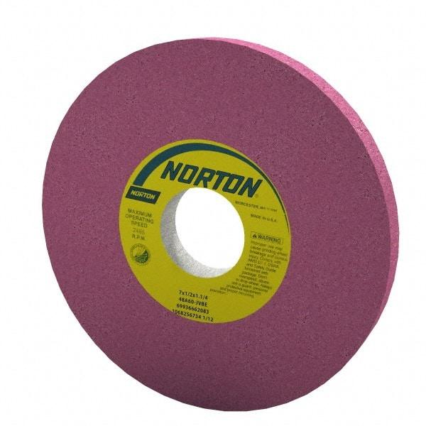 Norton - 7" Diam x 1-1/4" Hole x 1/2" Thick, J Hardness, 60 Grit Surface Grinding Wheel - Aluminum Oxide, Type 1, Medium Grade, 3,600 Max RPM, Vitrified Bond, No Recess - Exact Industrial Supply