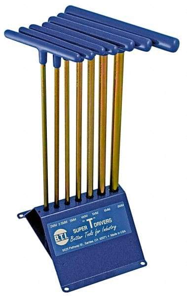 Made in USA - 7 Piece T-Handle Hex Key Set - Hex Range 2 to 8mm, 13" OAL, Chromalloy Steel - Exact Industrial Supply