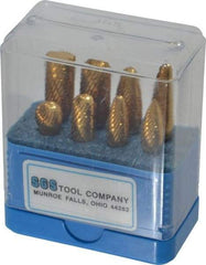 SGS Pro - 8 Piece, 1/4" Shank Burr Set - Tungsten Carbide, Multiple Head Shapes, 14° Included Angle - Exact Industrial Supply