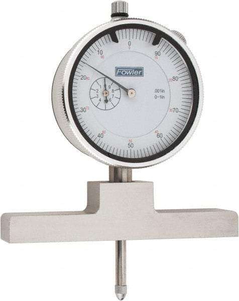 Fowler - 0 to 22 Inch Range, Steel, White Dial Depth Gage - 0.001 Inch Graduation, 0.001 Inch Accuracy, 1 Inch Travel, 4 Inch Base Measuring Length - Exact Industrial Supply