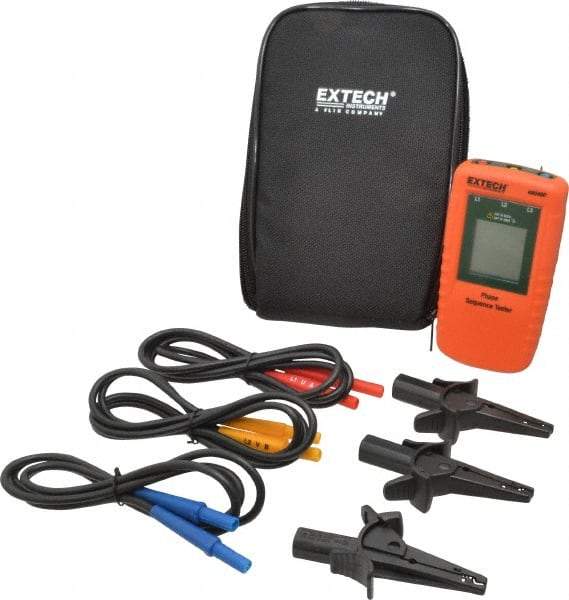 Extech - 3 Phase, 40 to 600 VAC, 15 to 400 Hz, 32 to 104°F, LCD Display Phase Rotation Tester - No Battery Required, Includes Alligator Clips, Test Leads, CAT III 600 V, CE, EN 61010-1 - Exact Industrial Supply