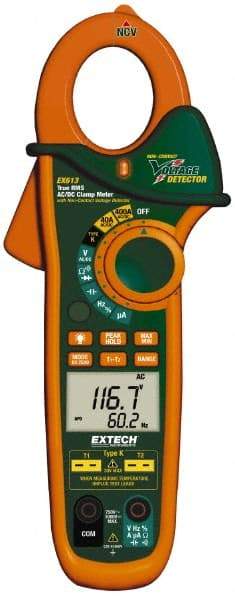 Extech - EX613, CAT III, Digital True RMS Auto Ranging Clamp Meter with 1-1/4" Clamp On Jaws - 600 VAC/VDC, 400 AC/DC Amps, Measures Voltage, Capacitance, Current, Frequency, Resistance - Exact Industrial Supply