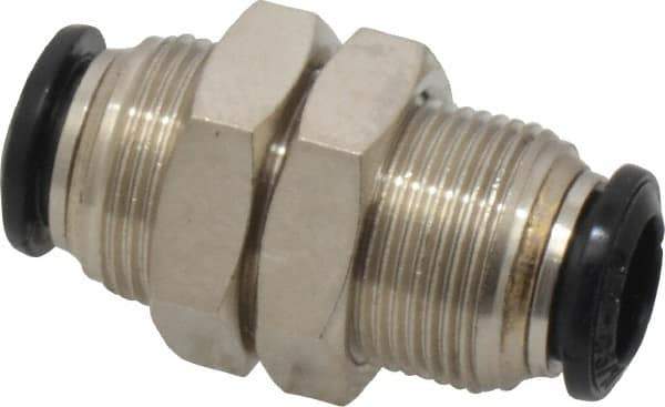 Alpha Technologies - 8mm Outside Diam, Nickel Plated Brass Push-to-Connect Tube Bulkhead Union - 250 Max psi, Tube to Tube Connection, Buna O-Ring - Exact Industrial Supply