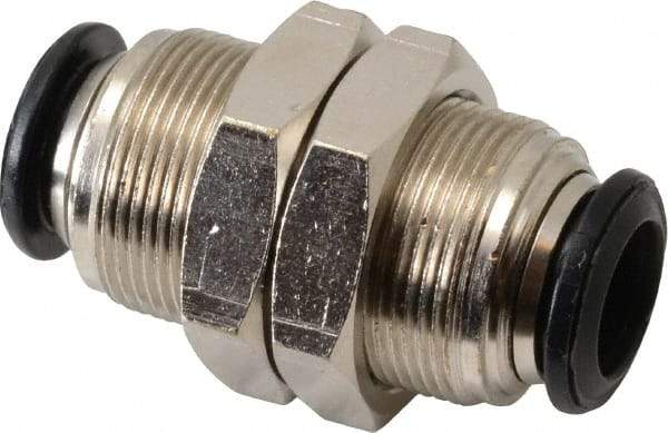 Alpha Technologies - 10mm Outside Diam, Nickel Plated Brass Push-to-Connect Tube Bulkhead Union - 250 Max psi, Tube to Tube Connection, Buna O-Ring - Exact Industrial Supply