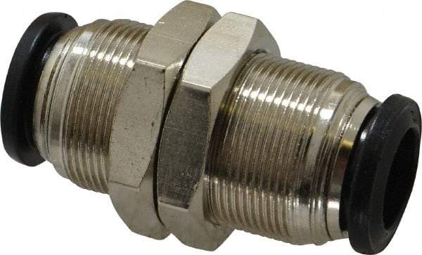 Alpha Technologies - 12mm Outside Diam, Nickel Plated Brass Push-to-Connect Tube Bulkhead Union - 250 Max psi, Tube to Tube Connection, Buna O-Ring - Exact Industrial Supply