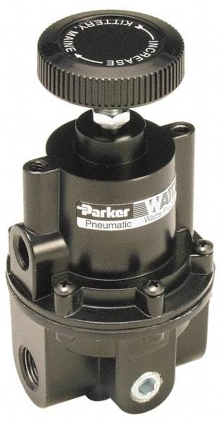 Parker - 3/8 NPT Port, 80 CFM, Aluminum Diaphragm Operated Regulator - 0 to 60 psi Range, 250 Max psi Supply Pressure, 1/4" Gauge Port Thread, 2.06" Wide x 4.35" High - Exact Industrial Supply