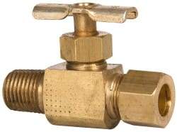 Eaton - 150 Max psi, 3/8 x 1/4" Pipe, Brass, Inline Instrumentation Needle Valve - Compression x MNPT End Connections - Exact Industrial Supply