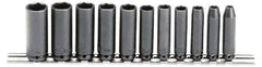 Proto - 11 Piece 1/4" Drive Black Finish Deep Well Impact Socket Set - 6 Points, 5mm to 15mm Range, Metric Measurement Standard - Exact Industrial Supply