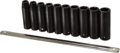 Proto - 10 Piece 1/2" Drive Black Finish Deep Well Impact Socket Set - 6 Points, 10mm to 19mm Range, Metric Measurement Standard - Exact Industrial Supply