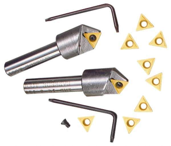 Everede Tool - 130° Included Angle, 0.771" Max Cut Diam, 7/8" Body Diam, 1/2" Shank Diam, 2-1/2" OAL, Indexable Countersink - 1 Triangle Insert, TPGH 215 Insert Style, Series IND - Exact Industrial Supply