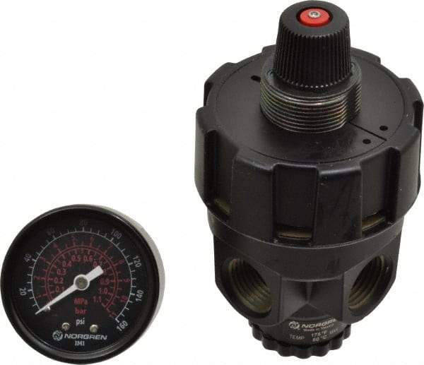 Norgren - 1/2 NPT Port, Zinc Hi-Flow Regulator - 10 to 125 psi Range, 300 Max psi Supply Pressure, 1/2" Gauge Port Thread, 2.7" Wide x 4.83" High - Exact Industrial Supply