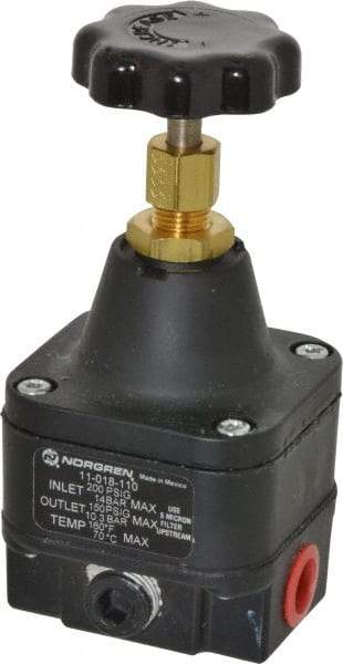 Norgren - 1/4 NPT Port, 12 CFM, Zinc Precision Constant Bleed Regulator - 3 to 150 psi Range, 200 Max psi Supply Pressure, 2.12" Wide x 4.55" High - Exact Industrial Supply