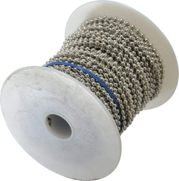 Made in USA - Number 6 Trade Size Steel Ball Chain - 0.127 Inch Ball Diameter, 25 Lbs. Tensile Strength, 100 Ft. Long , 69 Balls per Foot - Exact Industrial Supply