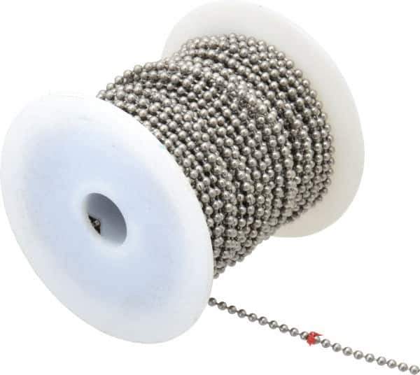 Made in USA - Number 6 Trade Size Stainless Steel Ball Chain - 0.127 Inch Ball Diameter, 45 Lbs. Tensile Strength, 100 Ft. Long , 72 Balls per Foot - Exact Industrial Supply
