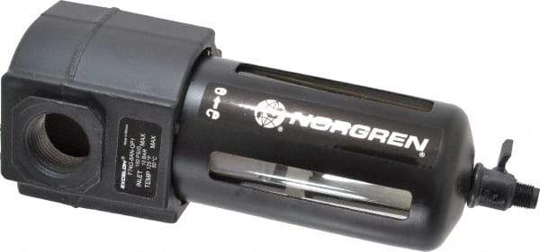 Norgren - 3/4" Port, 7.95" High x 3.15" Wide Standard Filter with Polycarbonate Bowl, Manual Drain - 140 SCFM, 150 Max psi, 125°F Max Temp, Modular Connection, Bowl Guard, 7 oz Bowl Capacity - Exact Industrial Supply