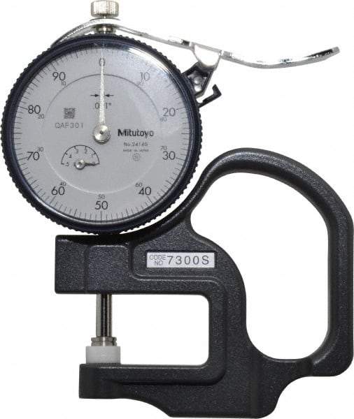 Mitutoyo - 0 to 1/2 Inch Measurement, 0.001 Inch Graduation, 1.1811 Inch Throat Depth, Dial Thickness Gage - 0.001 Inch Accuracy, 1.4 N Force, 2 Inch Dial Diameter - Exact Industrial Supply