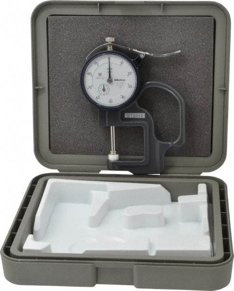 Mitutoyo - 0 to 1 Inch Measurement, 0.001 Inch Graduation, 1.1811 Inch Throat Depth, Dial Thickness Gage - 0.002 Inch Accuracy, 2 N Force, 2 Inch Dial Diameter - Exact Industrial Supply