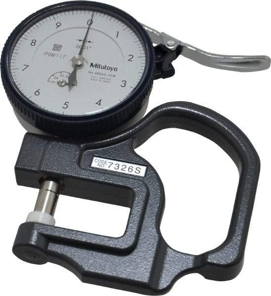 Mitutoyo - 0 to 0.05 Inch Measurement, 0.00005 Inch Graduation, 1.1811 Inch Throat Depth, Dial Thickness Gage - 0.0002 Inch Accuracy, 1.4 N Force, 2 Inch Dial Diameter - Exact Industrial Supply