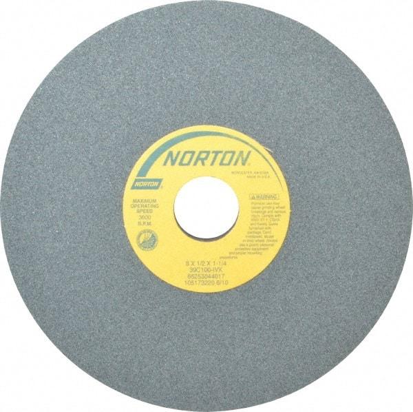 Norton - 8" Diam x 1-1/4" Hole x 1/2" Thick, I Hardness, 100 Grit Surface Grinding Wheel - Silicon Carbide, Type 1, Fine Grade, 3,600 Max RPM, Vitrified Bond, No Recess - Exact Industrial Supply