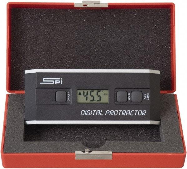 SPI - 360° Measuring Range, Dial Protractor - Accuracy Up to 0.10 at 0 -10 and 0.10 at 80 to 90°, 1.5V Battery Included - Exact Industrial Supply