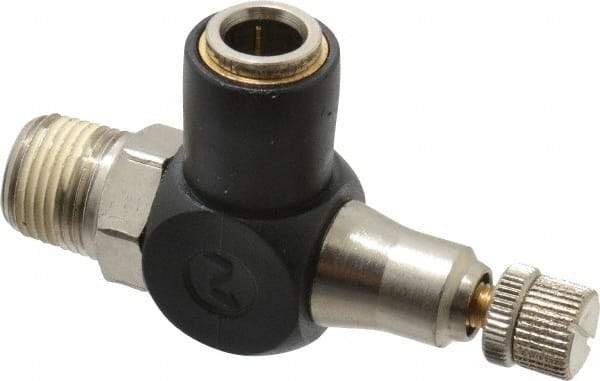 Norgren - 3/8" Tube Inlet x 3/8" NPTF Outlet Right Angle Adjustable Flow Control Valve - 5 to 150 psi, Needle Valve & Thermoplastic Material - Exact Industrial Supply