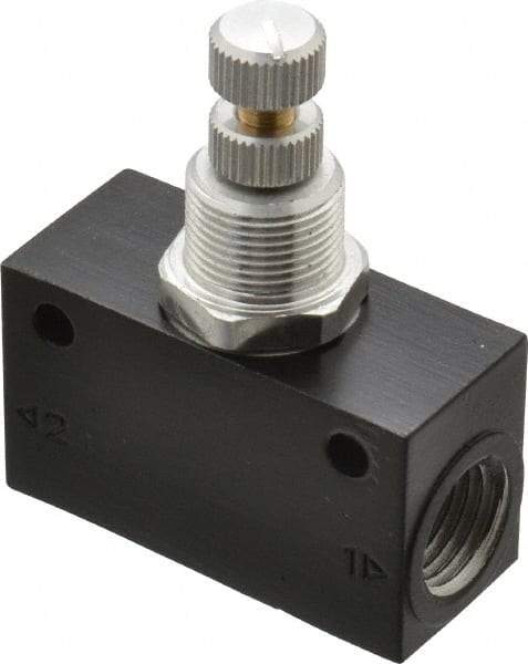 Norgren - 1/4" NPT Inlet x 1/4" NPT Outlet In-Line Flow Control Valve - 15 to 145 psi, Needle Valve & Aluminum Material - Exact Industrial Supply