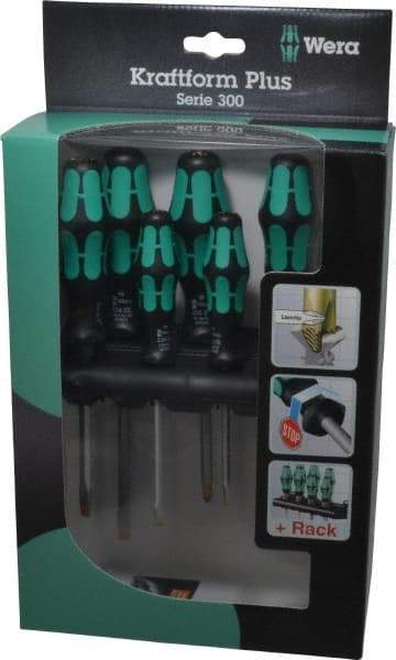 Wera - 6 Piece Pozidriv & Slotted Screwdriver Set - Hex with Bolster Shank, Kraftform Ergonomic Handle, Bit Sizes: Philips #1 & #2, Posidriv Point #1 & #2, Tip Thickness: 9/64, 5/32, 7/32 & 1/4 - Exact Industrial Supply