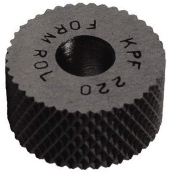 Made in USA - 1/2" Diam, 90° Tooth Angle, 40 TPI, Standard (Shape), Form Type High Speed Steel Female Diamond Knurl Wheel - 3/16" Face Width, 3/16" Hole, Circular Pitch, 30° Helix, Bright Finish, Series EP - Exact Industrial Supply