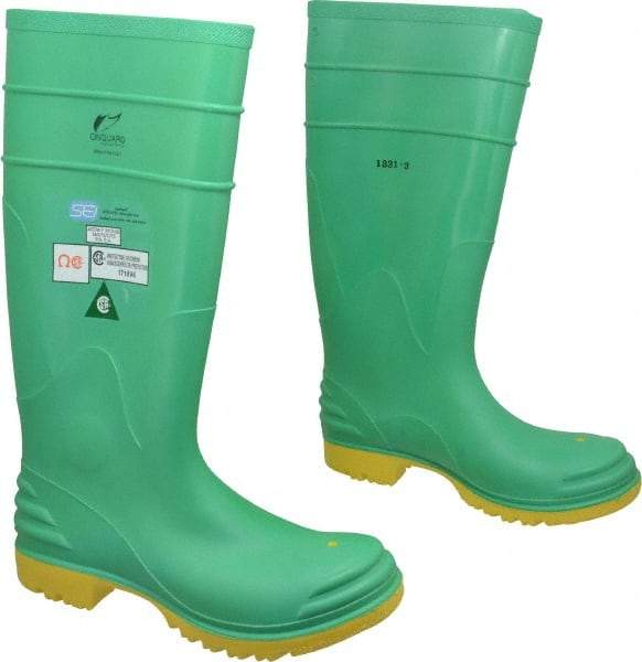Dunlop Protective Footwear - Men's Size 7 Medium Width Steel Knee Boot - Green, PVC Upper, 16" High, Chemical Resistant, Dielectric, Non-Slip - Exact Industrial Supply