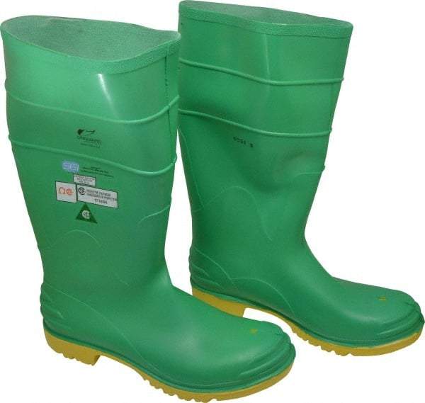 Dunlop Protective Footwear - Men's Size 14 Medium Width Steel Knee Boot - Green, PVC Upper, 16" High, Chemical Resistant, Dielectric, Non-Slip - Exact Industrial Supply