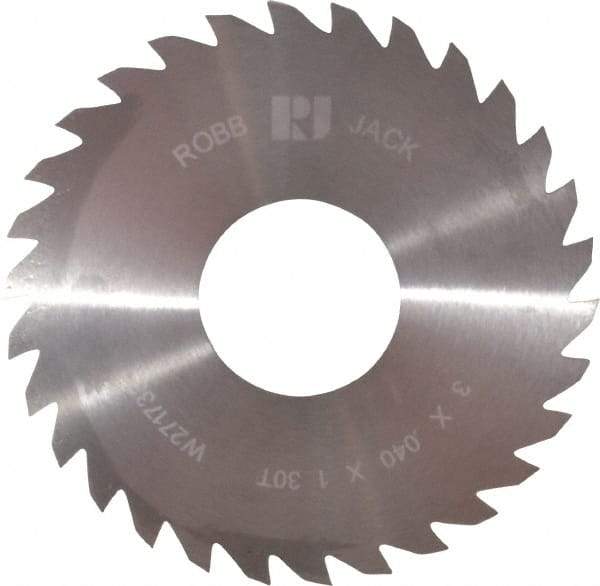 RobbJack - 3" Diam x 0.04" Blade Thickness x 1" Arbor Hole Diam, 30 Tooth Slitting and Slotting Saw - Arbor Connection, Right Hand, Uncoated, Solid Carbide, Concave Ground - Exact Industrial Supply