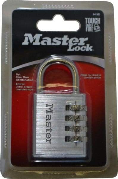 Master Lock - 1-9/16" Body Width, 7/8" Shackle Clearance, Aluminum Chrome Plated Combination Lock - 1/4" Shackle Diam, 1" Shackle Width - Exact Industrial Supply