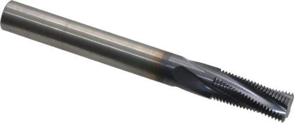 Accupro - M12x1.00 Metric Fine, 0.37" Cutting Diam, 4 Flute, Solid Carbide Helical Flute Thread Mill - Internal Thread, 7/8" LOC, 3-1/2" OAL, 3/8" Shank Diam - Exact Industrial Supply