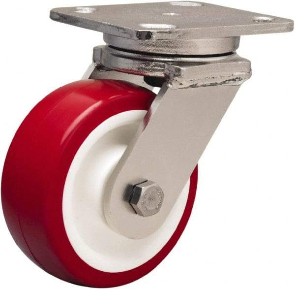 Hamilton - 5" Diam x 2" Wide x 6-1/2" OAH Top Plate Mount Swivel Caster - Polyurethane Mold on Polypropylene, 1,000 Lb Capacity, Delrin Bearing, 4 x 5" Plate - Exact Industrial Supply