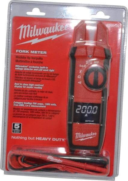 Milwaukee Tool - 2205-20, CAT IV, CAT III, Digital True RMS Clamp Meter with 0.63" Fork Jaws - 1000 VAC/VDC, 200 AC/DC Amps, Measures Voltage, Continuity, Current, Resistance - Exact Industrial Supply