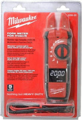 Milwaukee Tool - 2206-20, CAT IV, CAT III, Digital True RMS Clamp Meter with 0.63" Fork Jaws - 1000 VAC/VDC, 200 AC/DC Amps, Measures Voltage, Capacitance, Continuity, Current, Resistance, Temperature - Exact Industrial Supply