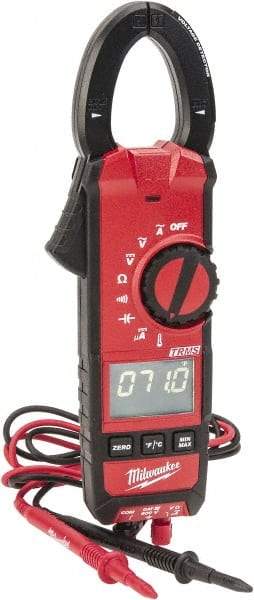 Milwaukee Tool - 2236-20, CAT III, Digital True RMS Clamp Meter with 1.3" Clamp On Jaws - 600 VAC/VDC, 600 AC/DC Amps, Measures Voltage, Capacitance, Continuity, Current, Resistance, Temperature - Exact Industrial Supply