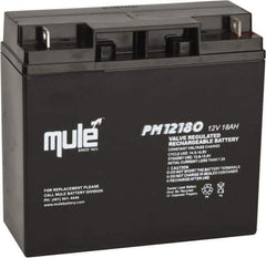 Mule - Lead-Acid, Nut/Bolt Terminal, 12 Volt, 18 Amp, Lead Rechargeable Battery - 1/4" Hole Diam, 2.56" Wide x 6.57" High x 7.13" Deep - Exact Industrial Supply