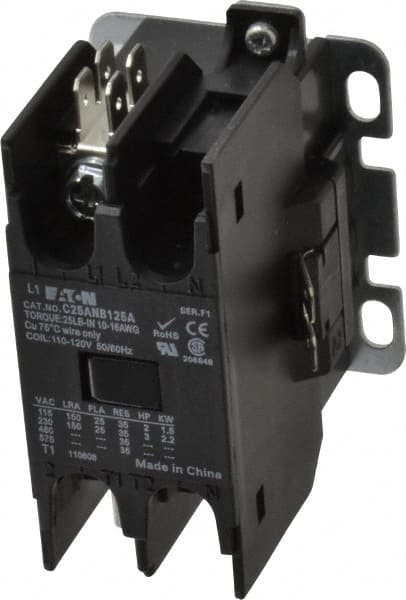 Eaton Cutler-Hammer - 1 Pole, 25 Amp Inductive Load, 110 to 120 Coil VAC at 50/60 Hz, Nonreversible Definite Purpose Contactor - Exact Industrial Supply