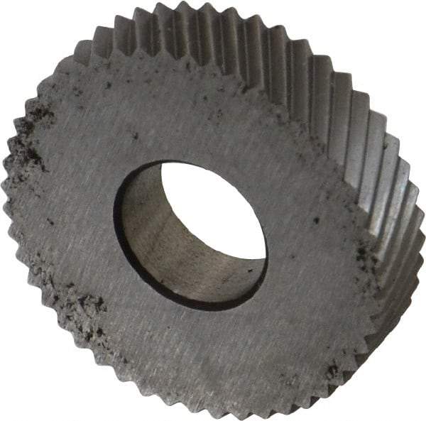 Made in USA - 21.5mm Diam, 90° Tooth Angle, 21 TPI, Standard (Shape), Cut Type Cobalt Left-Hand Diagonal Knurl Wheel - 5mm Face Width, 8mm Hole, Circular Pitch, 30° Helix, Bright Finish, Series CC - Exact Industrial Supply